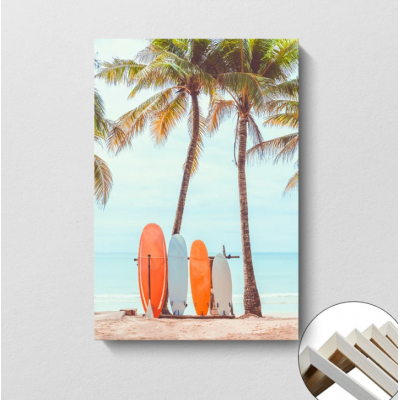 Tropical Palm Beach Surfboard Canvas Wall Art